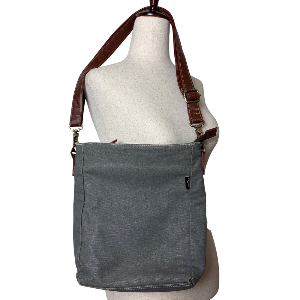 Maika Canvas Crossbody Bag Gray Charcoal Tote Adjustable Brown Strap Everyday